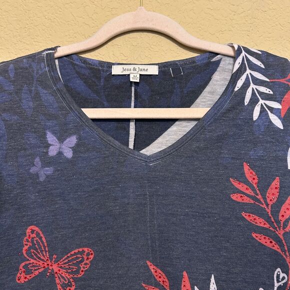 Jess & Jane Asymmetric Tunic Top Womens Medium Blue Floral Butterfly Rhinestone - Picture 4 of 7